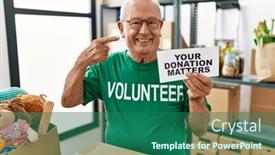  Presentation with donation - Slide set having senior-volunteer-man-holding background and a ocean colored foreground