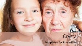  Presentation with generation - Audience pleasing PPT theme consisting of senior with girl generation elderly woman with great-grandchild backdrop and a coral colored foreground