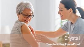  Presentation with vaccination - Slide set with senior-woman-after-vaccination background and a coral colored foreground