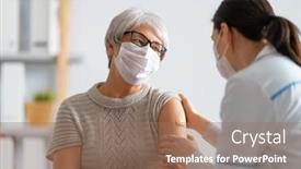  Presentation with vaccination - Audience pleasing PPT theme consisting of senior-woman-after-vaccination backdrop and a coral colored foreground