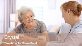  Presentation with caregiver - Beautiful presentation theme featuring senior woman and caregiver drinking backdrop and a coral colored foreground