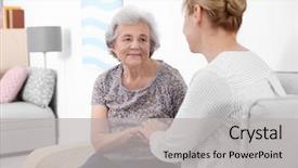  Presentation with caregiver - Beautiful presentation theme featuring senior woman and caregiver sitting backdrop and a light gray colored foreground