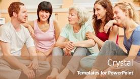  Presentation with senior fitness - Colorful slide deck enhanced with senior woman and friends in yoga class break at fitness center backdrop and a coral colored foreground