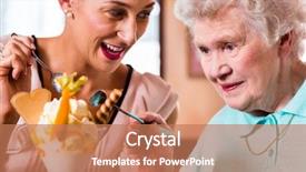  Presentation with ice cream sundae - Presentation featuring senior woman and granddaughter having fun eating ice cream sundae in cafe background and a coral colored foreground