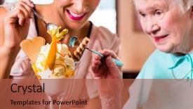  Presentation with ice cream sundae - Presentation consisting of two mango fruits mango - senior woman and granddaughter having background and a red colored foreground