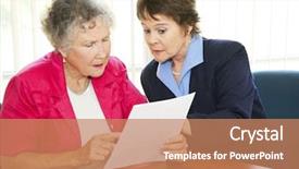  Presentation with paperwork - Cool new theme with senior woman and her broker or consultant going over paperwork together backdrop and a coral colored foreground