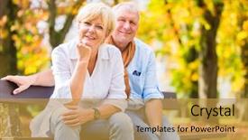  Presentation with man sitting bench - Beautiful slide deck featuring senior woman and man sitting on part bench in fall backdrop and a gold colored foreground