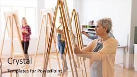  Presentation with creativity - Slide set having senior woman artist with easel background and a lemonade colored foreground