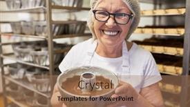  Presentation with experience - Theme featuring senior-woman-as-a-baker background and a coral colored foreground