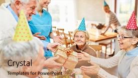  Presentation with happy birthday - Beautiful presentation theme featuring senior woman as a birthday backdrop and a coral colored foreground