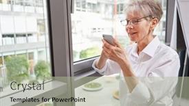  Presentation with smartphone app - Slides with senior-woman-as-a-businesswoman background and a mint green colored foreground