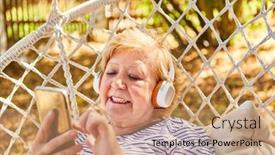  Presentation with pensioner - Cool new PPT theme with senior-woman-as-a-happy backdrop and a coral colored foreground