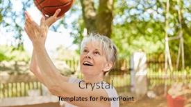  Presentation with pensioner - Slide deck with senior-woman-as-a-sporty background and a coral colored foreground