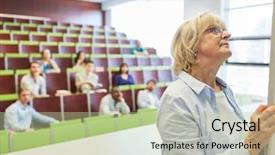  Presentation with lecture hall - Slide set having senior woman as math lecturer background and a mint green colored foreground