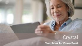  Presentation with tablet - Audience pleasing slides consisting of senior-woman-at-home backdrop and a gray colored foreground