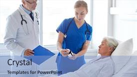  Presentation with health care - Theme having senior woman at hospital ward background and a light blue colored foreground
