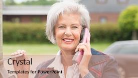  Presentation with mobile phone in woman hand - Beautiful slide deck featuring senior woman at the phone backdrop and a  colored foreground
