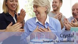  Presentation with party candles - Theme featuring senior woman blows out birthday background and a light blue colored foreground