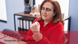  Presentation with senior worker - Slide deck consisting of senior-woman-business-worker-suffering background and a crimson colored foreground