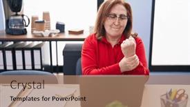  Presentation with senior worker - Presentation theme with senior-woman-business-worker-suffering background and a coral colored foreground