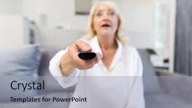  Presentation with news channel - Audience pleasing PPT layouts consisting of senior woman changing channel backdrop and a light gray colored foreground