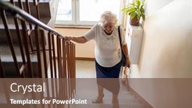  Presentation with difficulty - PPT theme with senior-woman-climbing-staircase background and a tawny brown colored foreground