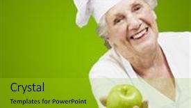  Presentation with green apple - Beautiful PPT theme featuring senior woman cook offering a green apple against a green background backdrop and a gold colored foreground