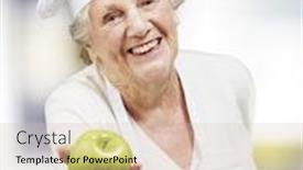  Presentation with green apple - Beautiful slide deck featuring senior woman cook offering a green apple indoor backdrop and a lemonade colored foreground