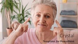  Presentation with hear - Slide deck with senior-woman-does-not-hear background and a coral colored foreground