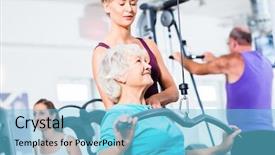  Presentation with training motorcycle - PPT layouts consisting of senior woman doing back training background and a  colored foreground