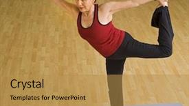  Presentation with yoga - PPT theme with senior woman doing bikram hot yoga in a gym background and a gold colored foreground