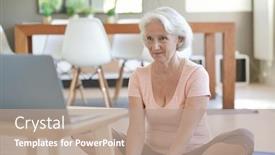  Presentation with senior fitness - Presentation design featuring senior-woman-doing-fitness-exercises background and a coral colored foreground