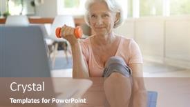  Presentation with virtual class - Presentation design with senior-woman-doing-fitness-exercises background and a coral colored foreground