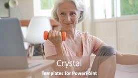  Presentation with virtual class - Beautiful presentation theme featuring senior-woman-doing-fitness-exercises backdrop and a coral colored foreground