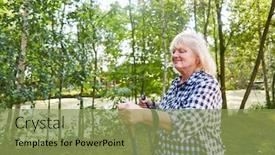  Presentation with walking nordic - Presentation theme having senior-woman-doing-nordic-walking background and a yellow colored foreground