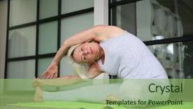  Presentation with exercises - Amazing PPT layouts having senior woman doing stretching exercises backdrop and a seafoam green colored foreground