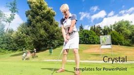  Presentation with stroke - Beautiful theme featuring senior woman doing tee stroke backdrop and a yellow colored foreground
