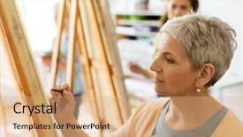  Presentation with creativity - Slides with senior woman drawing on easel background and a coral colored foreground