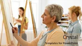  Presentation with creativity - Amazing PPT theme having senior woman drawing on easel backdrop and a coral colored foreground