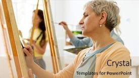  Presentation with poetry creativity concept - Presentation theme enhanced with senior woman drawing on easel background and a coral colored foreground