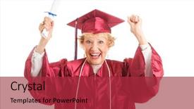  Presentation with graduation white cap - Colorful PPT layouts enhanced with senior woman dressed in her graduation cap and gown raises her arms in excitement over getting her college degree isolated on white backdrop and a red colored foreground