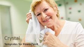  Presentation with multicultural senior citizen - PPT layouts enhanced with senior-woman-dries-sweat background and a lemonade colored foreground