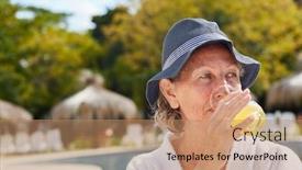  Presentation with senior spa - PPT theme enhanced with senior woman drinking orange juice by the pool at the spa hotel during summer vacation background and a coral colored foreground