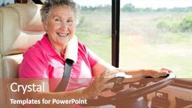  Presentation with navigate - Audience pleasing presentation theme consisting of senior woman driving her motor home and using a gps to navigate backdrop and a red colored foreground