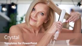  Presentation with bathroom - Audience pleasing presentation design consisting of senior-woman-drying-hair backdrop and a coral colored foreground