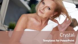  Presentation with bathroom - Presentation design with senior-woman-drying-hair background and a coral colored foreground