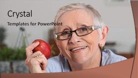  Presentation with eating - Beautiful PPT layouts featuring senior woman eating an apple backdrop and a mint green colored foreground