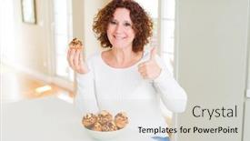  Presentation with muffins - Slide set with senior woman eating chocolate chips muffins happy with big smile doing ok sign thumb up with fingers excellent sign background and a light gray colored foreground