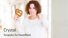  Presentation with salty - Slide deck consisting of senior woman eating german salty background and a sky blue colored foreground