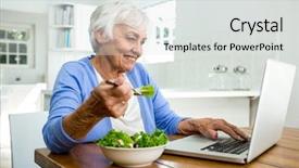  Presentation with senior citizen - Audience pleasing presentation theme consisting of senior woman eating salad while backdrop and a light gray colored foreground